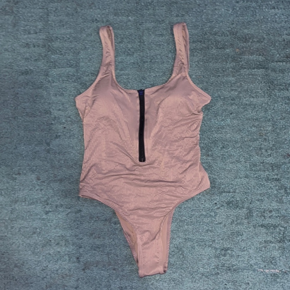 Taupe Zip-up One-Piece Bathing Suit